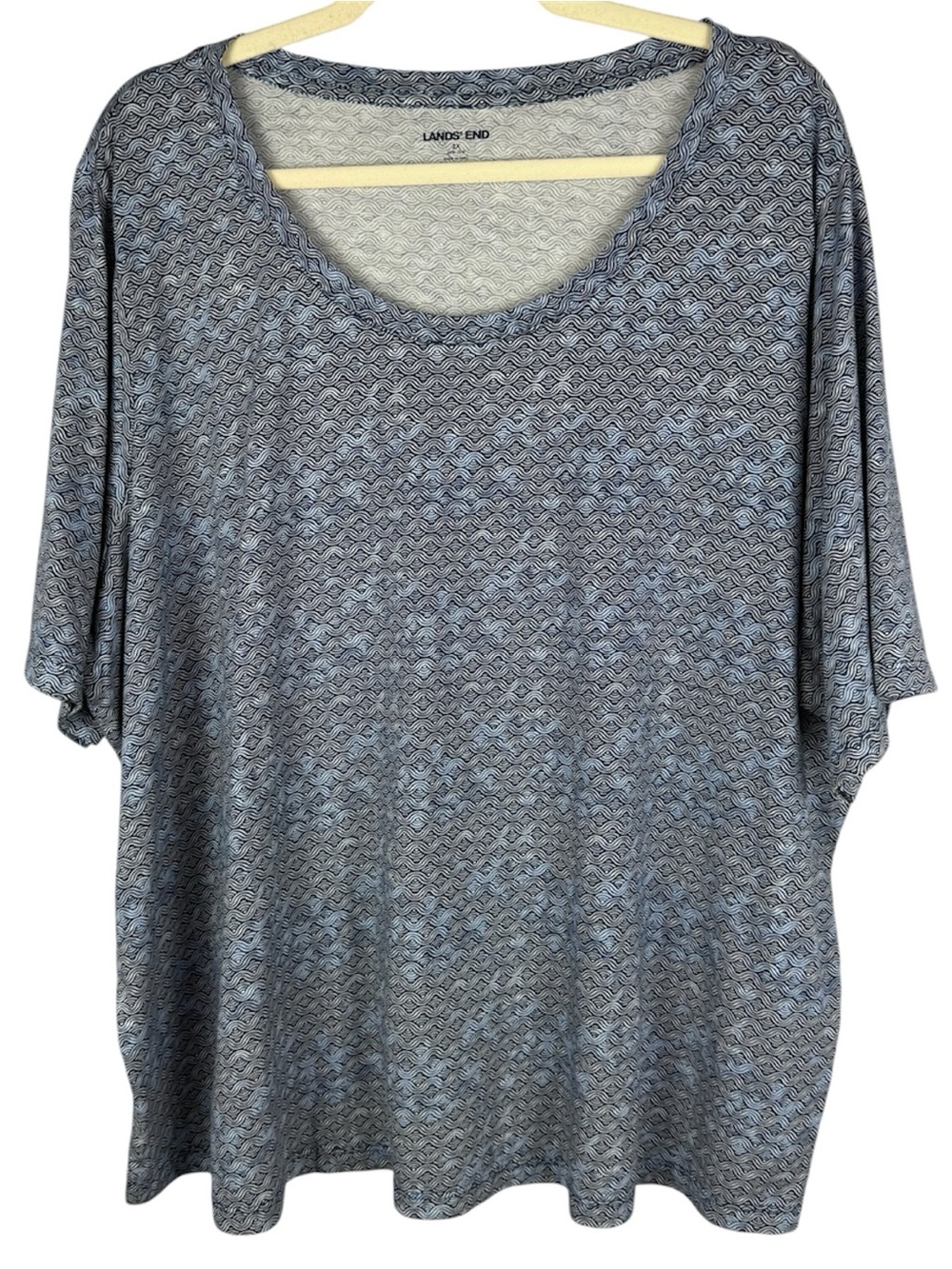 Lands' End Cotton Blue Geometric Wave Print Scoop Neck Short Sleeve Top 2X Plus